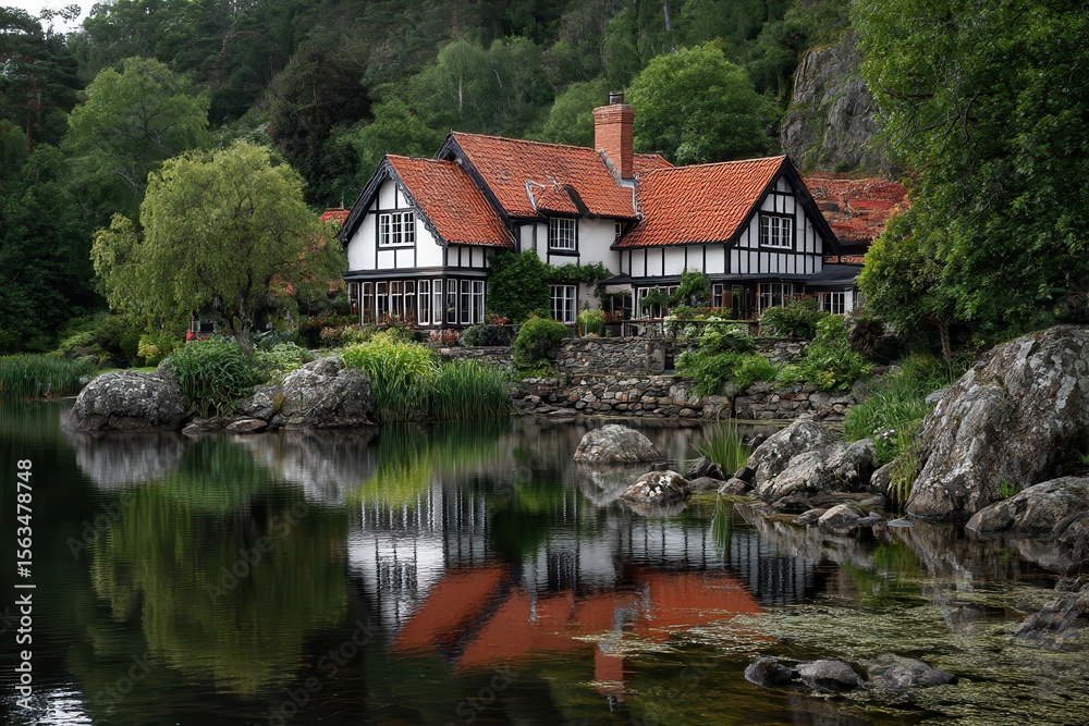 Obraz premium A charming house by a calm lake with a red tile roof, white walls, and dark timber framing, reflecting in the water. Lush greenery and rocks surround