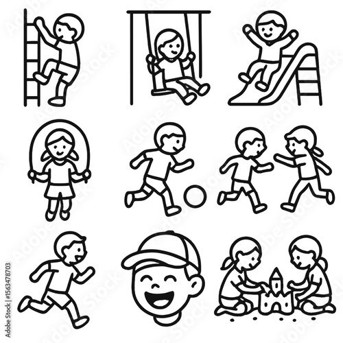 Active Kids Icons. Outline style icons of Active Kids: child climbing, child swinging, kid on slide, child jumping rope, kid