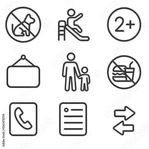Playground Icon Set. Outline style icons of Playground Signs and Rules: no pets sign, play safe sign, age limit symbol, open hours