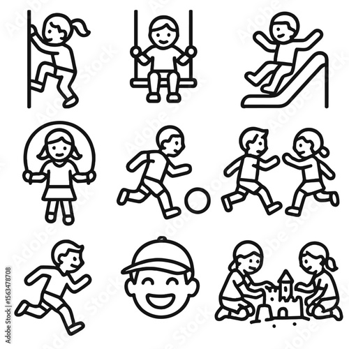 Active Kids Icons. Outline style icons of Active Kids: child climbing, child swinging, kid on slide, child jumping rope, kid