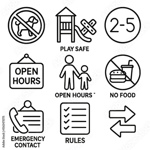 Playground Icon Set. Outline style icons of Playground Signs and Rules: no pets sign, play safe sign, age limit symbol, open hours