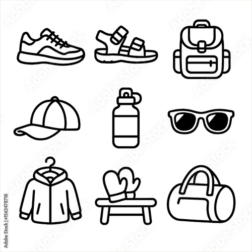Playground Gear Icons. Outline style icons of Playground Footwear and Gear: sneakers, sandals, backpack, cap with strap, water