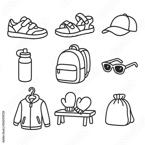 Playground Gear Icons. Outline style icons of Playground Footwear and Gear: sneakers, sandals, backpack, cap with strap, water