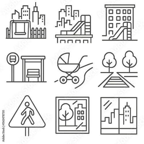 Urban Playground Icons. Outline style icons of Urban Playground Setup: fenced play zone, city skyline behind, rooftop playground,