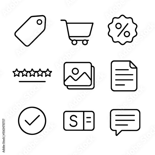 Product Features Icons. Outline style icons of Product Listing Features: price tag, add to cart button, discount badge, product