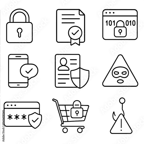 E-commerce Security Icons. Outline style icons of Cybersecurity in E-commerce: padlock, SSL certificate icon, encrypted data,