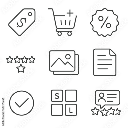 Product Features Icons. Outline style icons of Product Listing Features: price tag, add to cart button, discount badge, product