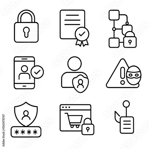 E-commerce Security Icons. Outline style icons of Cybersecurity in E-commerce: padlock, SSL certificate icon, encrypted data,