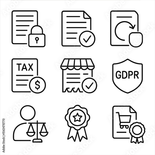 E-commerce Compliance Icons. Outline style icons of E-commerce Legal and Compliance: privacy agreement icon, terms and conditions
