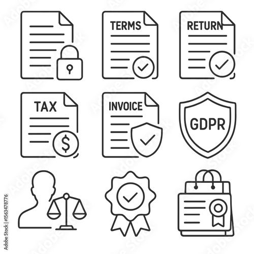 E-commerce Compliance Icons. Outline style icons of E-commerce Legal and Compliance: privacy agreement icon, terms and conditions