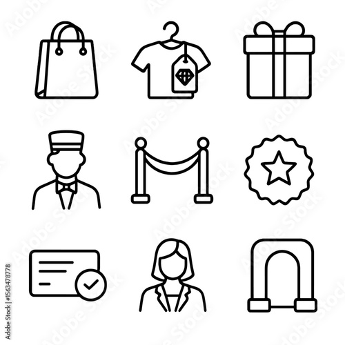VIP Shopping Icons. Outline style icons of VIP Shopping: luxury shopping bag, diamond-tagged item, premium gift box, concierge
