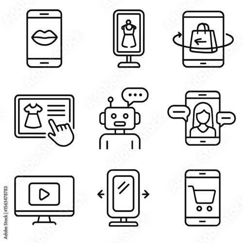 Virtual Shopping Icons. Outline style icons of Virtual Shopping Features: AR try-on, virtual dressing room, 3D product view,
