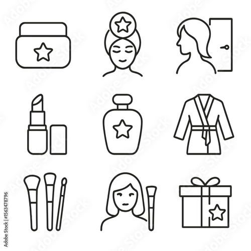 VIP Beauty Icons. Outline style icons of VIP Beauty and Grooming: premium skincare jar, exclusive spa icon, private salon