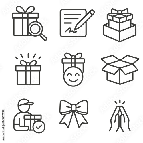 Gift Service Icons. Outline style icons of Gift Concierge Services: gift selection icon, handwritten note card, curated gift box,