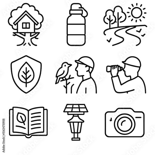 Eco-Tourism Icons. Outline style icons of Eco-tourism: treehouse lodge, reusable water bottle, nature trail, eco-friendly badge,