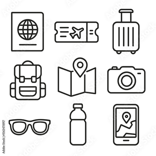 Travel Icons Outline. Outline style icons of Travel and Tourism Essentials: passport, boarding pass, rolling suitcase, travel