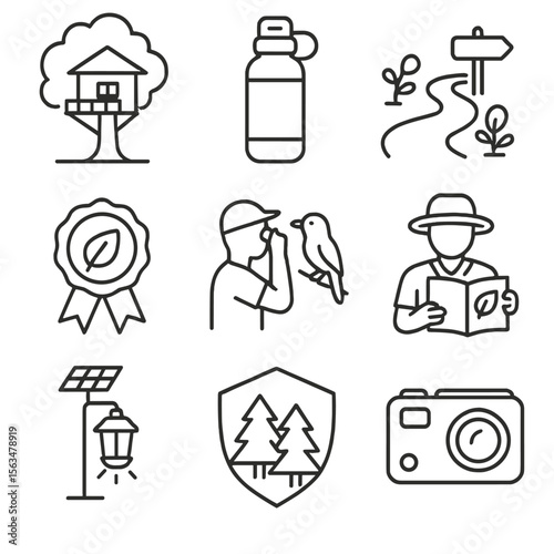 Eco-Tourism Icons. Outline style icons of Eco-tourism: treehouse lodge, reusable water bottle, nature trail, eco-friendly badge,