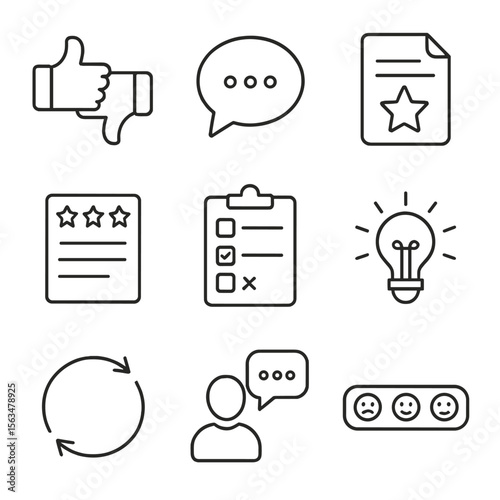 Feedback Icons Set. Outline style icons of Feedback and Review: thumbs up/down, comment box, review sheet, star rating, survey