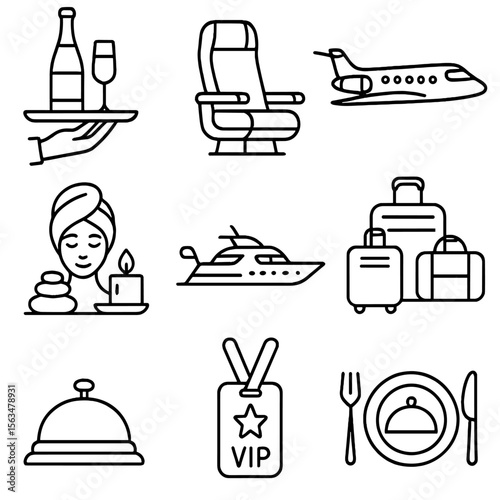 Luxury Travel Icons. Outline style icons of Luxury Travel: champagne on tray, first-class seat, private jet, hotel spa, yacht,