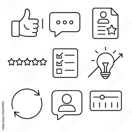Feedback Icons Set. Outline style icons of Feedback and Review: thumbs up/down, comment box, review sheet, star rating, survey