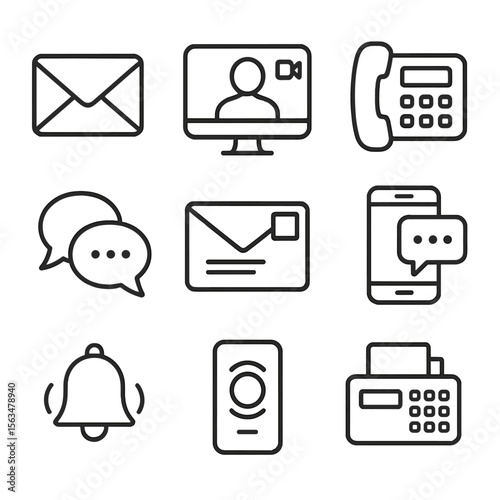 Business Communication Icons. Outline style icons of Business Communication Tools: email icon, video call screen, office phone,