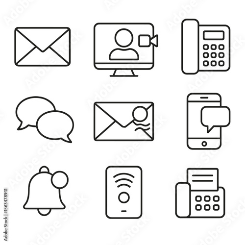 Business Communication Icons. Outline style icons of Business Communication Tools: email icon, video call screen, office phone,