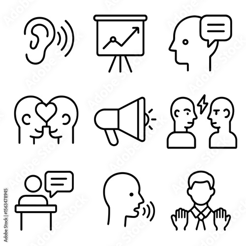 Business Communication Icons. Outline style icons of Business Communication Skills: active listening icon, storytelling graph,