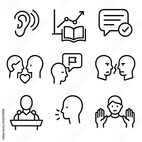 Business Communication Icons. Outline style icons of Business Communication Skills: active listening icon, storytelling graph,