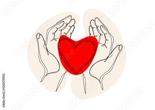 Two hands carefully holding heart symbol, one continuous line drawing, color spots. World Heart Day. Compassion, empathy, emotional support, abstract healthcare concept