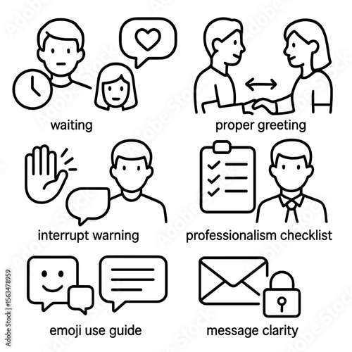 Communication Etiquette Icons. Outline style icons of Communication Etiquette: waiting icon, respectful tone symbol, proper