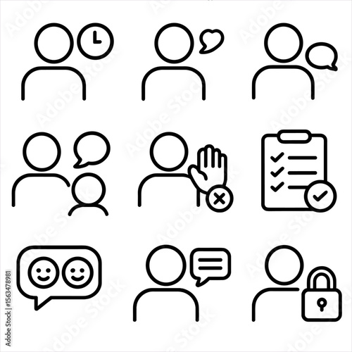 Communication Etiquette Icons. Outline style icons of Communication Etiquette: waiting icon, respectful tone symbol, proper