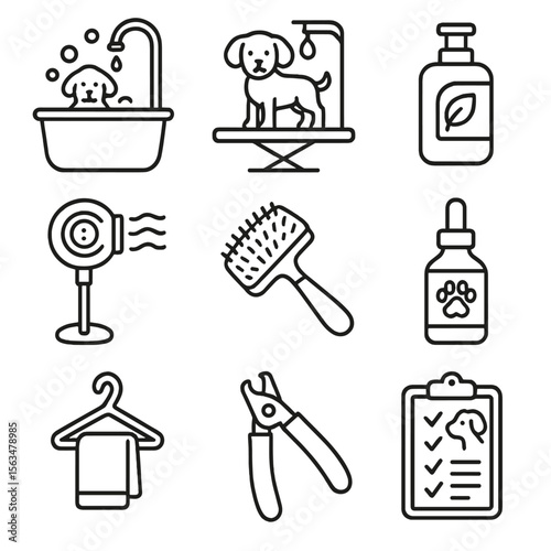 Pet Grooming Icons. Outline style icons of Pet Grooming Areas: self-wash station, grooming table, shampoo bottle, fur dryer,