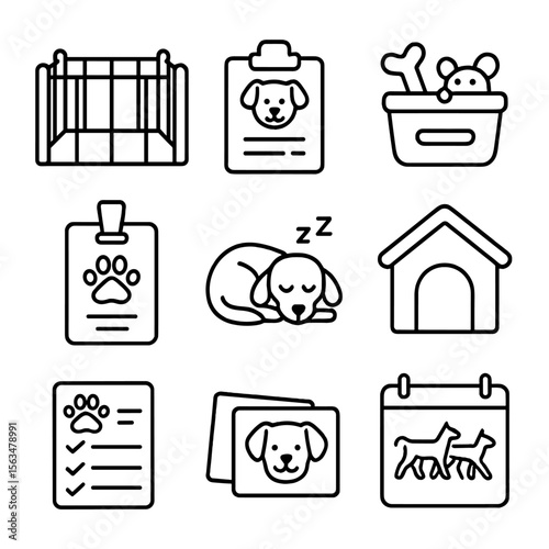 Pet Daycare Icons. Outline style icons of Pet Daycare Centers: playpen icon, feeding chart, toy basket, staff badge, naptime zone,