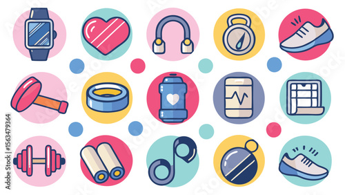 Illustration of fitness and workout equipment including weights, shoes, and a smart watch design art