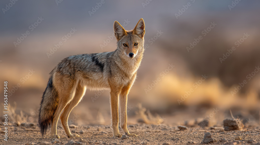 Fototapeta premium Alert jackal standing in a desert setting