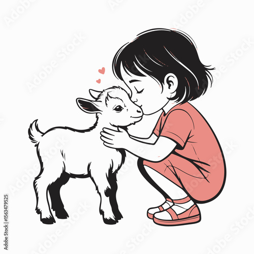 Adorable illustration of a young girl tenderly kissing a cute baby goat with loving hearts
