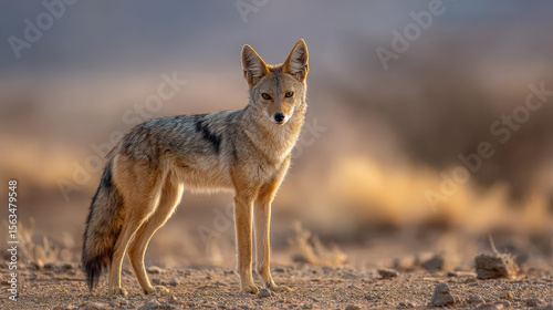 Alert jackal standing in a desert setting