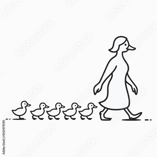 Adorable line art illustration of a duck leading her ducklings in single file walking sequence on white background