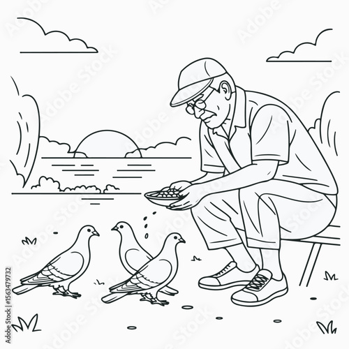 An elderly man feeds pigeons outdoors peaceful scene depicting kindness and compassion in a calm environment