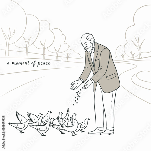 Elderly man feeding pigeons in a park a peaceful moment in a calming outdoor scene simple illustration