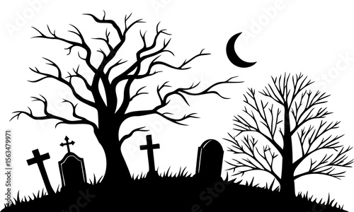 Halloween Graveyard Scene Silhouette Illustration