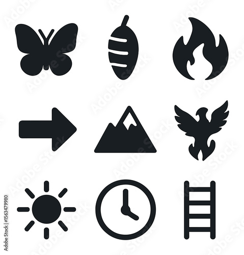 Personal Growth Icons. Solid, filled icons set of personal transformation: butterfly, cocoon, flame, phoenix,