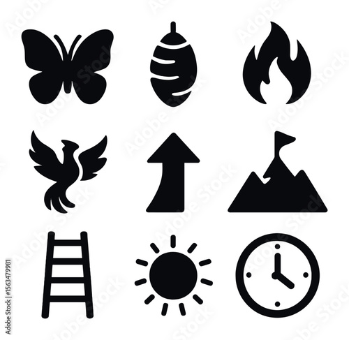 Personal Growth Icons. Solid, filled icons set of personal transformation: butterfly, cocoon, flame, phoenix,