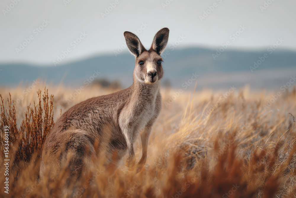 Fototapeta premium Kangaroo in Dry Bushland with Wide Sky and Hills