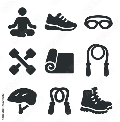 Family Wellness Icons. Solid, filled icons set of family wellness and fitness: meditation pose, jogging shoes,