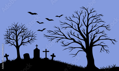 Halloween Graveyard Scene Silhouette Illustration