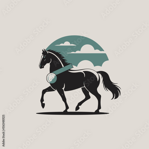 Elegant illustration of a black horse in motion with a classical ribbon and clouds in a vintage style.