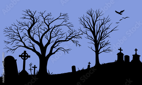 Halloween Graveyard Scene Silhouette Illustration