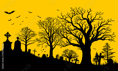 Halloween Graveyard Scene Silhouette Illustration