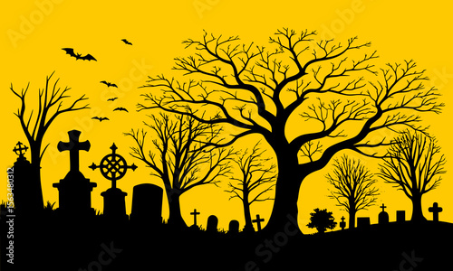 Halloween Graveyard Scene Silhouette Illustration
